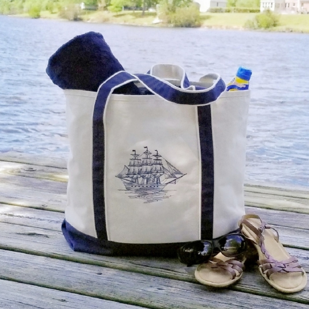 Ship embroidered lined Large tote bag with pockets